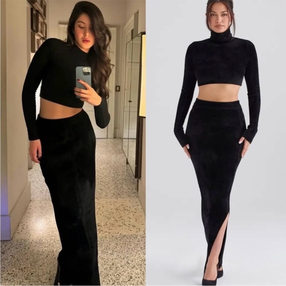 2 pieces house of cb suri black chenille cropped top + skirt